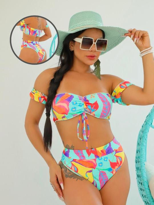 Biquini Ciganinha Hot Pant Floral Fundo Azul Tam M/G/GG